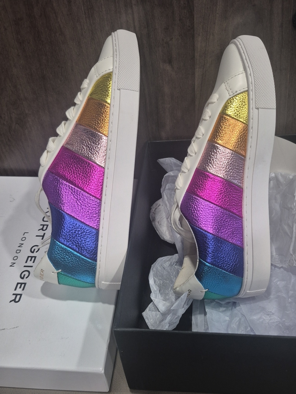 8.5 Kurt Geiger White Sneakers with Metallic Rainbow Stripes